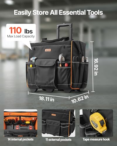 VEVOR 18" Rolling Tool Bag, 110lbs Load Capacity, 25Pockets Heavy Duty Roller Tool Bag w/Adjustable Telescoping Handle & Stable Base, Toolbag Organizers with Wheels for Electrician, Construction - style: Tool Bag