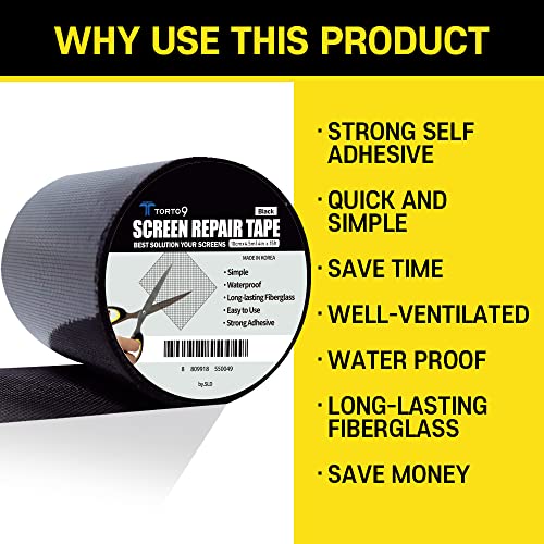 TORTO9 Window Screen Repair Kit, 3-Layer Strong Adhesive & Waterproof Tape Fiberglass Covering mesh (Black, 4 Inch x 15 FT) - color: Black, size: 4 Inch x 15 FT