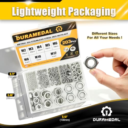 203Pcs Metric Hex Nuts Set Hardware Nuts 304 Stainless Steel - size: Metric 8Size Set;203pcs