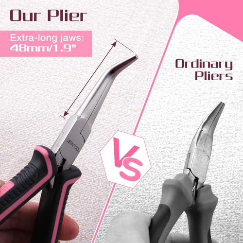 Mini Bent Needle Nose Pliers Smooth Jaws Small Bent Long Nose Pliers Tweezers Long Nose Pliers Jewelry Pliers Pink Tool for Jewelry Making, Wire Wrapping and Object Gripping with Soft Grip - style: Bent Needle Nose Plier Smooth Jaws