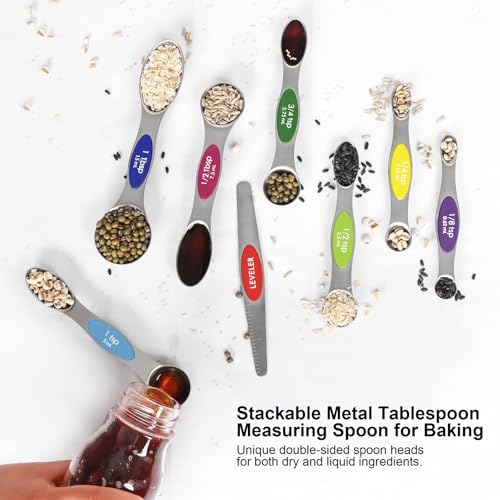 Magnetic Measuring Spoons Set Stainless Steel with Leveler, 8pcs Multicolors Measuring Cups Set for Baking, Measuring Cups and Spoon Set Kitchen Gadgets Apartment Essentials Fits in Spice Jars - color: Multicolor