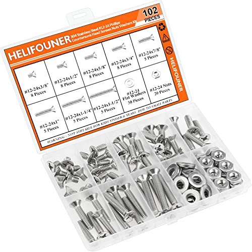 HELIFOUNER 102 Pieces #12-24 Phillips Countersunk Head Machine Screws Nuts Washers Assortment Kit, Coarse Thread, Fully Machine Threaded, 304 Stainless Steel - size: #12-24