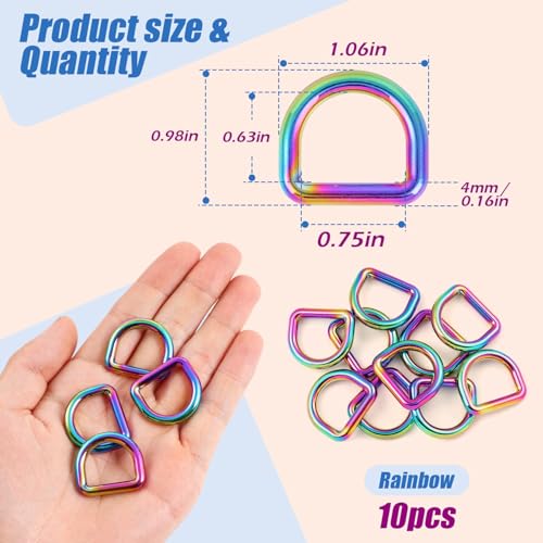 PECMER 20mm Rainbow D-ring Buckles-10 PCS Zinc Alloy D Rings 3/4 inch Metal D-Shape Buckle Clips-Non-welded Purse Hardware for Bag Making Webbing - color: 10pcs Rinbow D-ring -20mm