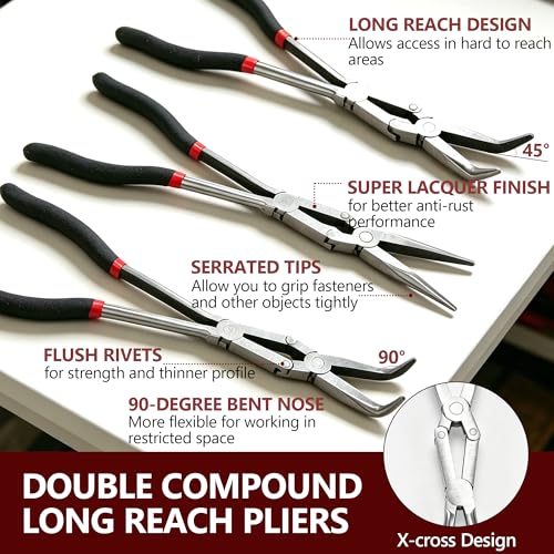 3PCS 13" Double Jointed Long Needle Nose Pliers Set, Ergonomic Soft Grips - size: 3pcs-Straight/45/90