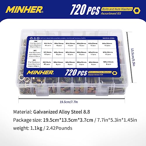 MINHER M4 M5 M6 Bolts and Nuts Assortment Kit 720PCS Hex Screws Nuts & Washers Set - color: M4, M5, M6 (720PCS)