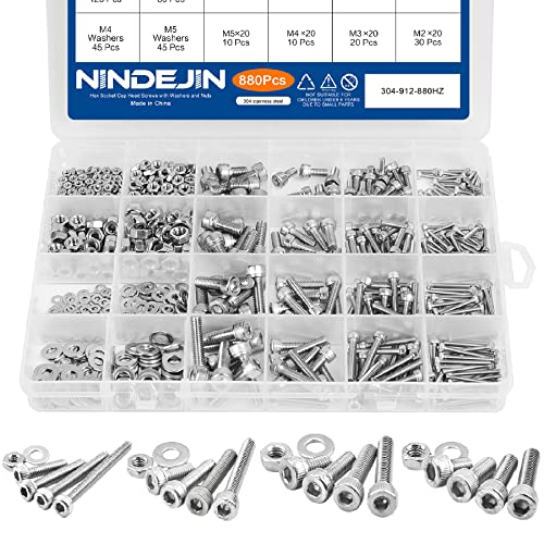 NINDEJIN 880Pcs Screw Nuts and Bolts Assortment Kit, M2 M3 M4 M5 Metric Bolts and Nuts and Washers Set, 304 Stainless Steel Precise Hex Socket Head Cap Machine Screws Set with Allen Wrenches - size: M2 M3 M4 M5 880