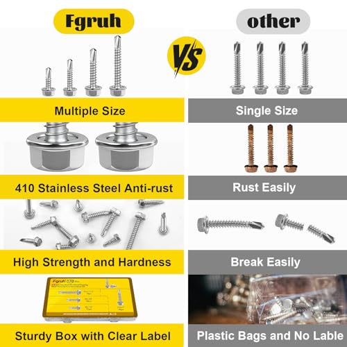 170Pcs #8#10 Self Tapping Screws for Metal, #8x1/2'' 3/4'',#10x1'' 1-1/2'' Hex Washer Head Self Drilling Screws Assortment Kit, 410 Stainless Steel Sheet Metal Screw Silver - size: 170pcs #8#10 Silver