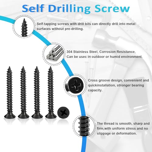 100PCS #8 x1-1/2 Black Wood Screws, Flat Head Stainless Steel Sheet Metal Screws, Fast Self Tapping Screws for Deck Drywall Concrete Screws with Screwdriver Bit - style: Black #8X1-1/2" Flat Head 100PCS