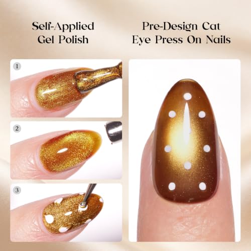 Beetles Brown Cat Eye Press On Nails Short Almond, 32PCS, Polka Dot Design - color: 2A - Maple Taffy - S