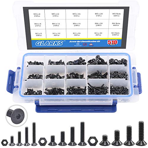 Glarks 510Pcs Metric M3 M4 M5 Alloy Steel Socket Cap Screws Hex Head Bolt Nuts Assortment Kit - Black Oxide Finish - size: Flat Head Socket Cap Screws Set