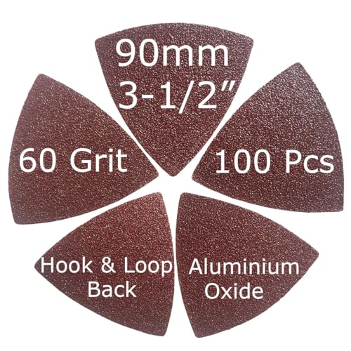 XXGO 100 Pcs 60 Grits 3-1/2 Inch Triangle Multitool Sanding Paper | 90mm , Best For Wood Sanding , Hook & Look Design , Strong Velcro - size: 3-1/2 Inch 60 Grit - 100 Pcs