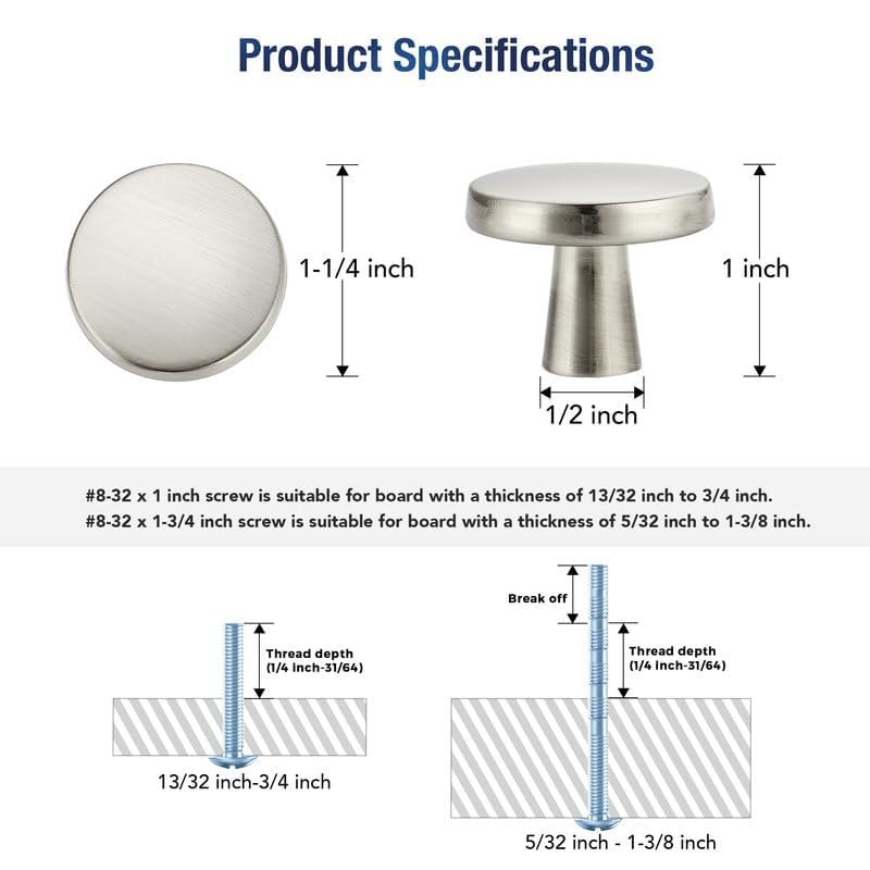 JOY DECOR Brushed Nickel Solid Kitchen Cabinet Knobs 1-1/4 Inch 5 Pack - color: Brushed Nickel