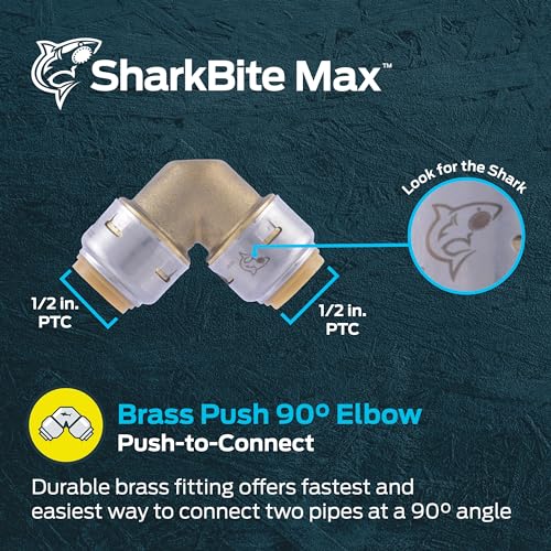 SharkBite Max 1/2 x 1/2 in PTC 90-Degree Elbow, Push-to-Connect Brass Plumbing Fitting, UR248A - size: 1/2 in.