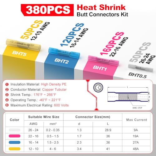Heat Shrink Wire Butt Connector Kit Marine Waterproof Crimp Splice Terminal - size: 380 PCS
