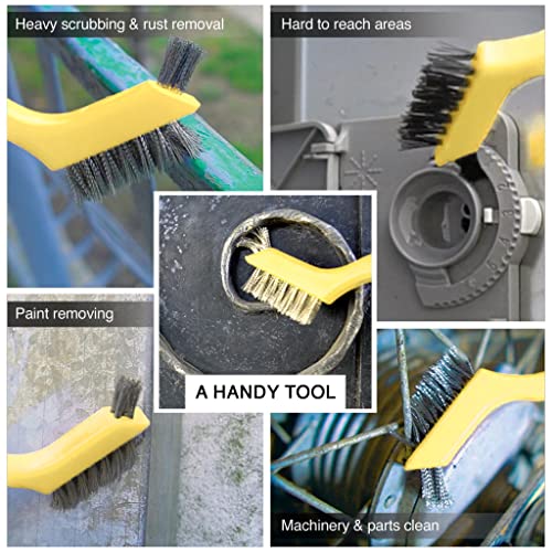 Lavaxon Wire Brush Set 3Pcs - Nylon/Brass/Stainless Steel Bristles with Curved Handle Grip for Rust, Dirt & Paint Scrubbing with Deep Cleaning – 7 Inches (Yellow) - color: Yellow