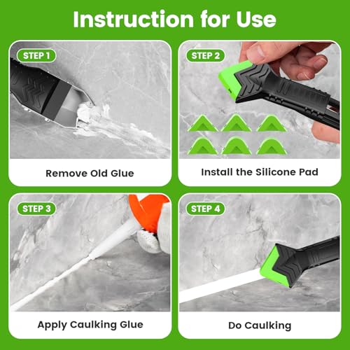 Silicone Caulking Tool Kit-3 in 1 Caulk Tool, Caulk Remover Tool | Putty Knife, Stainless Steel Scraper, 6 Replaceable silicone pads, Multi-edge Finishing tools, for Bathroom Kitchen Window - style: Classic Set