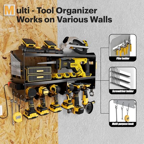 Spampur Power Tool Organizer Wall Mount with Charging Station - color: Black, size: 6 Slots