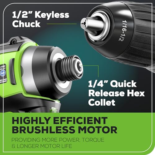 Greenworks 24V MAX Cordless Brushless Drill & Impact Driver Combo Kit, Electric Drill Set, High Torque, Lightweight, Professional Grade, Includes 2x 2.0Ah Batteries, Charger, and Storage Bag - size: 2PCS Combo Kits