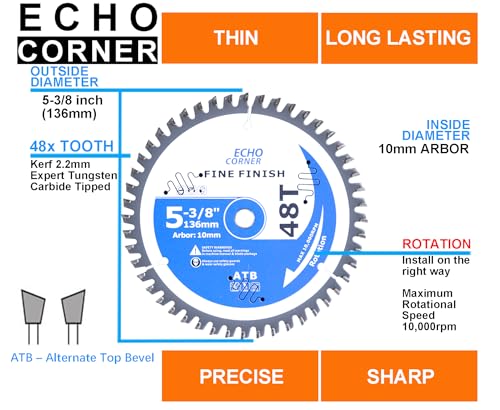 5-3/8" (10mm Arbor) Fine Finish Wood Cutting Circular Saw Blade, 48-Tooth - style: WOOD 10mm-Arbor