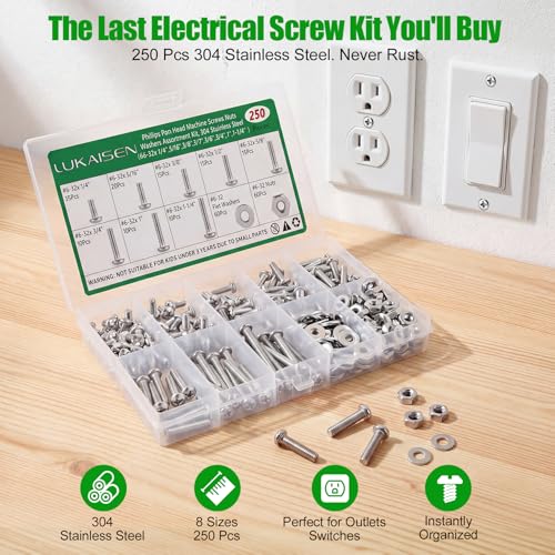 250 Pcs #6-32 Pan Head Machine Screws Nut Washer Bolt Kit,304 SS | Phillips Drive Full Thread Assorted, Includes #6-32 x 1/4"-1-1/4"Lengths for Electrical Outlet Switch Plate, Storage Box - size: SS 250Pcs #6-32（1/4" to 1-1/4" ） Pan