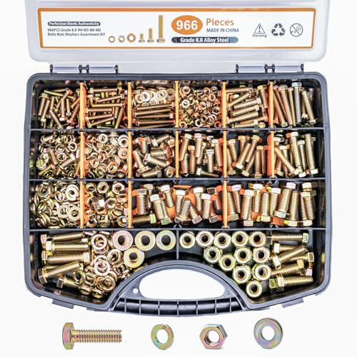 966PCS Metric Bolt Assortment Kit - M4,M5,M6,M8 Grade 8.8 Alloy Steel Bolts and Nuts Kit with Professional Sturdy Labeled Storage Box, 12-30mm, for DIY, Automotive, Furniture & Machinery Repair - size: 966 PCS M4, M5, M6