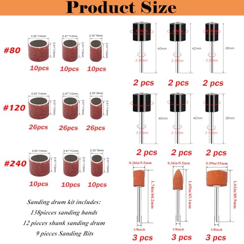 187-Piece Sanding Drum Kit for Drill & Drill Press – Includes 2inch Spindle Sander Sleeves (60/80/120/240 Grit), 4 Rubber Sanding Drums, 1/4-Inch Shank,Versatile Sander Accessory with Box - color: 187pcs-2inch