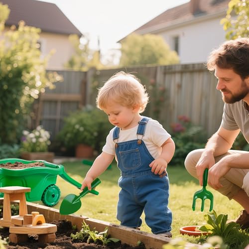 Kids Gardening Tools with Outdoor Yard Wheelbarrow Set Toys, Ages 3+ | Shovel Rake and Trowel, Summer Outdoor Weeds Yard Digging Play, Easter Birthday Gift for Boys Girls Age 3+Years Old - color: Green-4pcs