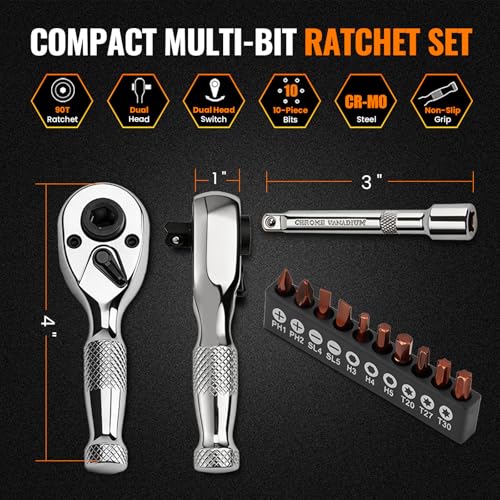 1/4" Stubby Ratchet Wrench & Bit Set, 90T Dual Head Mini Ratchet, Reversible Ratchet with 3" Extension Bar & 10-Piece Hex Bit Set for Tight Spaces - size: 1/4"