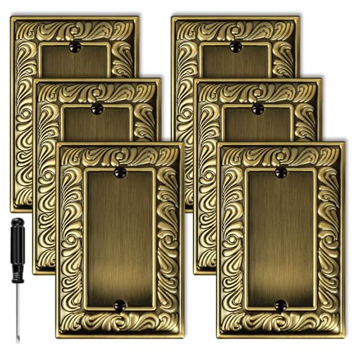 6 Pack Antique Brass Decorative Single Blank Outlet Covers Wall Plates - size: 1 Gang Single Blank