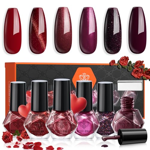 modelones Nail Polish Set, 6 Colors Red Burgundy Cat Eye Nail Polish - color: A2 Dark Red