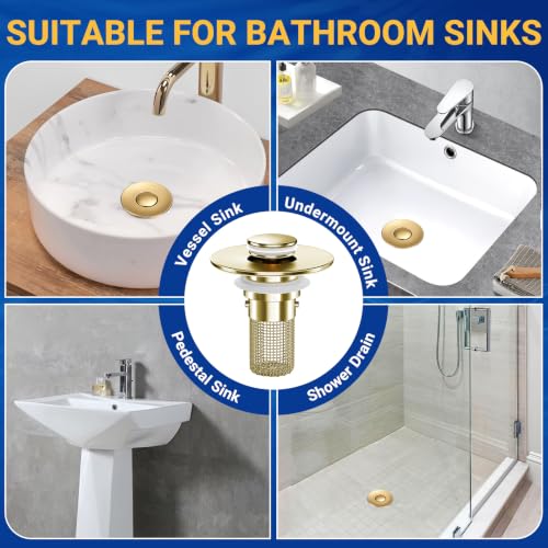 Bathroom Sink Drain Strainer, Pop-Up Bathroom Sink Stopper with Removable Stainless Steel Hair Catcher Basket, Universal Fit for US Bathroom Sinks, Showers & Floor Drains (1pcs-Gold) - color: 1pcs-gold