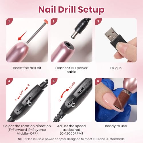 Beetles Electric Nail Drill Kit, 7 Drill Bit 0-12000 RPM Electric Nail File - color: A - Pink