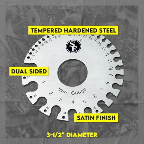 SE Dual-Sided Non-Ferrous Wire Gauge - 0-36 AWG and SAE, 3.5" Diameter, Tempered Steel, for Jewelers and Hobbyists, Ideal for Gold, Silver, Copper - JT47WG-C
