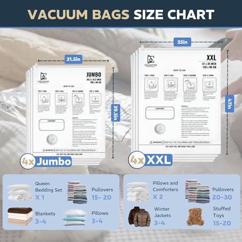 16 Pack Vacuum Storage Bags – 4 XXL & 4 Jumbo Vacuum Seal Bags for Blankets, Comforters, Clothing & Bedding - Space Saver Compression Bags - size: 8 Variety - 4Jumbo + 4XXL (Pack of 2)
