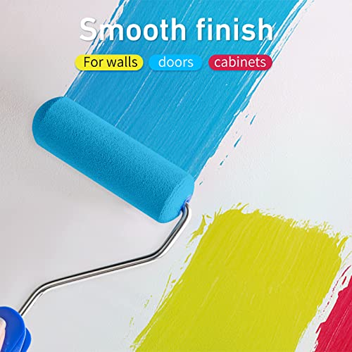 Mister Rui 4 Inch Foam Paint Roller Kit, 8 Pack - Mini Roller Set with 4” Small Roller Covers, Frame, Tray & Liner for Smooth Painting on Walls, Trim, Furniture, Home DIY Projects