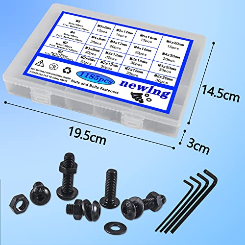 newlng M2 M3 M4 M5 Screws Assortment Kit 1180pcs Metric Black Nuts and Bolts Flat Washers Set 10.9 Grade Alloy Steel Machine Screws and Nuts Hex Socket Button Head Screw with Four Hex Wrenches - size: One Size