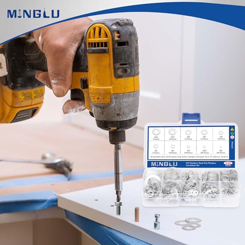 Minglu Washers, 900 Pcs Washers for Screws, 304 Stainless Steel Flat Washers, Flat Washers for Bolts Assortment, Assorted Hardware Lock Metal Washers Kit (9 Sizes-M2 M2.5 M3 M4 M5 M6 M8 M10 M12)