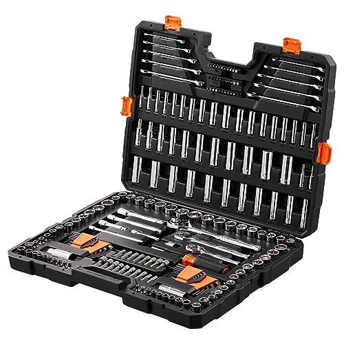 VEVOR Mechanics Tool Set, 205 Pcs SAE and Metric Sockets, 1/4" 3/8" 1/2" Drive Deep and Standard Sockets, Chrome Vanadium Steel, Polyethylene - size: 205-PCS