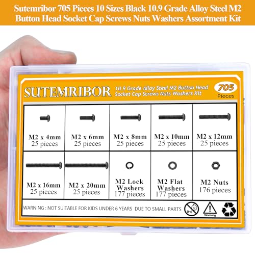 705 Pieces M2 Screws Nuts Washers Set Black, Sutemribor M2 x 4/6/8/10/12/16/20mm Button Head Socket Cap Screws Nuts Washers Assortment Kit, 10.9 Grade Alloy Steel, Fully Threaded - size: M2 x 4/6/8/10/12/16/20mm Kit, style: Button Head