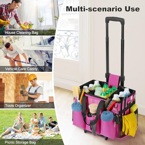 Housolution Rolling Cleaning Caddy Bag with Wheels, Rose Red - color: Rose Red, size: Medium
