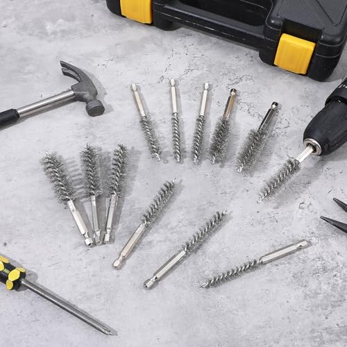 24 Pcs Drill Brush Set Wire Brush for Drill with 1/4 Inch Hex Shank Stainless Steel Bore Cleaning Brushes 8/10/12/15/17/19mm for Power Drills Impact Driver