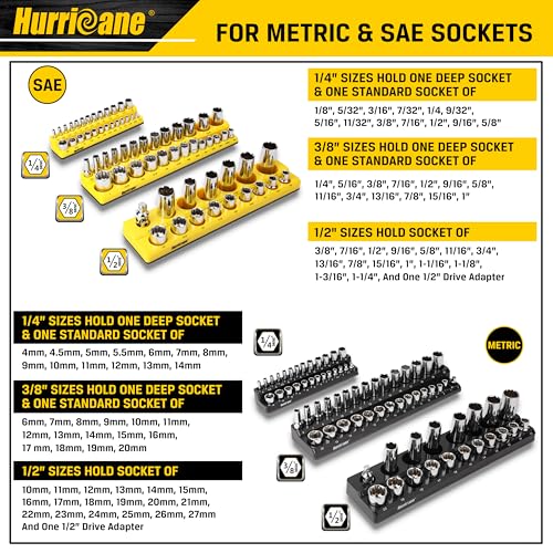 HURRICANE Magnetic Socket Organizer Set, 6 Piece Socket Holder Set Includes 1/4", 3/8", 1/2" Drive Metric SAE Socket Trays - size: 6 Piece