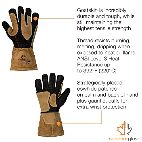 Superior Glove 505GP Endura Goatskin Leather MIG Welding Gloves Cut Resistant High Heat Puncture Resistance (1 Pair) Size Large - color: Brown/Black, size: Large (Pack of 1)