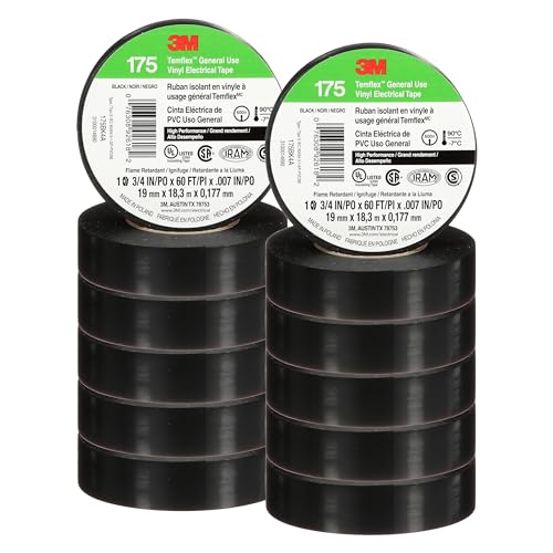 3M Temflex Vinyl Electrical Tape 175, 3/4 in x 60 ft, Black, 10 Rolls - size: 3/4 in x 60 ft