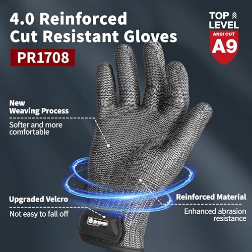 Schwer Ultimate Cut Resistant Gloves Beyond ANSI A9, Reinforced Stainless Steel Glove, Food Grade Mesh Metal Gloves for Butcher Meat Cutting, Oyster Shucking, Mandoline, PR1708 (S, 1 PCS) - size: Small (Pack of 1), style: 4.0 Reinforced Steel