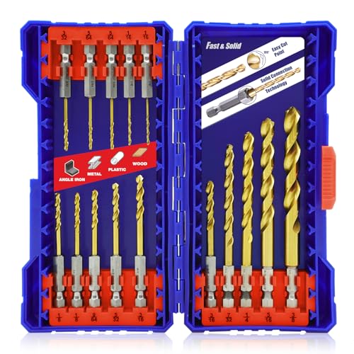 Handree 15 Pcs Hex Shank Drill Bit Set, HSS Impact Driver Bit Set for Metal, Quick Change Design, Titanium Twist Drill Bits for Steel, Aluminum, Copper, Plastic, Sizes from 1/16" to 3/8" - size: 1/16" to 3/8" (15 pcs)