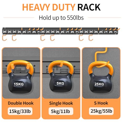 Garden Tool Organizer Wall Mount - Garage Storage and Organization Yard Tool Hanger with Adjustable Pegboard Hooks Shed Rack for Broom Mop Shovel Rake Trimmers, 48 inch Max 550lbs, Black - size: 48 Inch