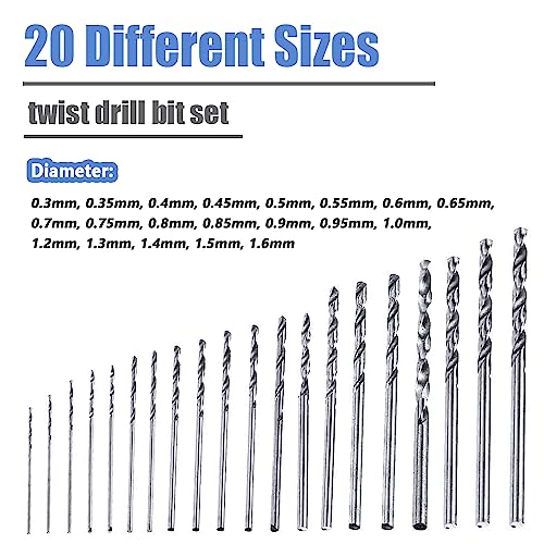 Mesee 20 Pieces HSS Mini Micro Drill Bit Set, 0.3-1.6mm Shank Twist Drill Bits Precision Drill DIY Kit Rotary Hand Tools Accessory