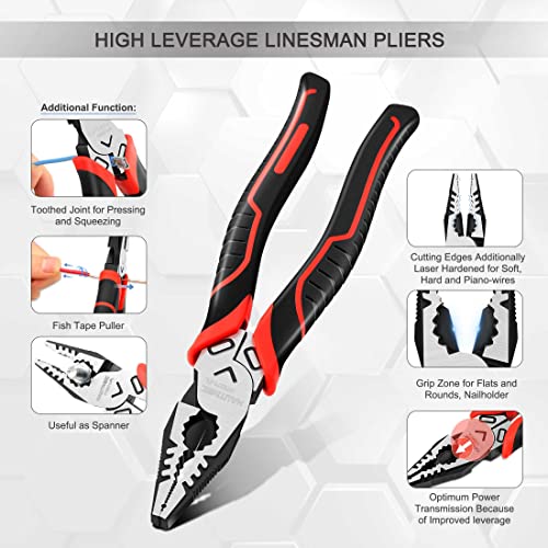 HAUTMEC 9" Linesman Pliers High Leverage Combination Pliers Multifunctional Heavy Duty Lineman Tools HT0271-PL - color: 9" Combination Pliers