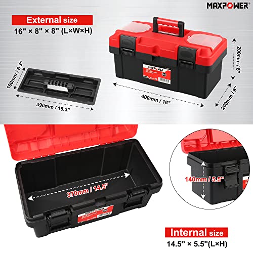 MAXPOWER Tool Box 16 inch, Plastic Small Tool Box with Latch Removable Tray - size: 16", style: 16" red